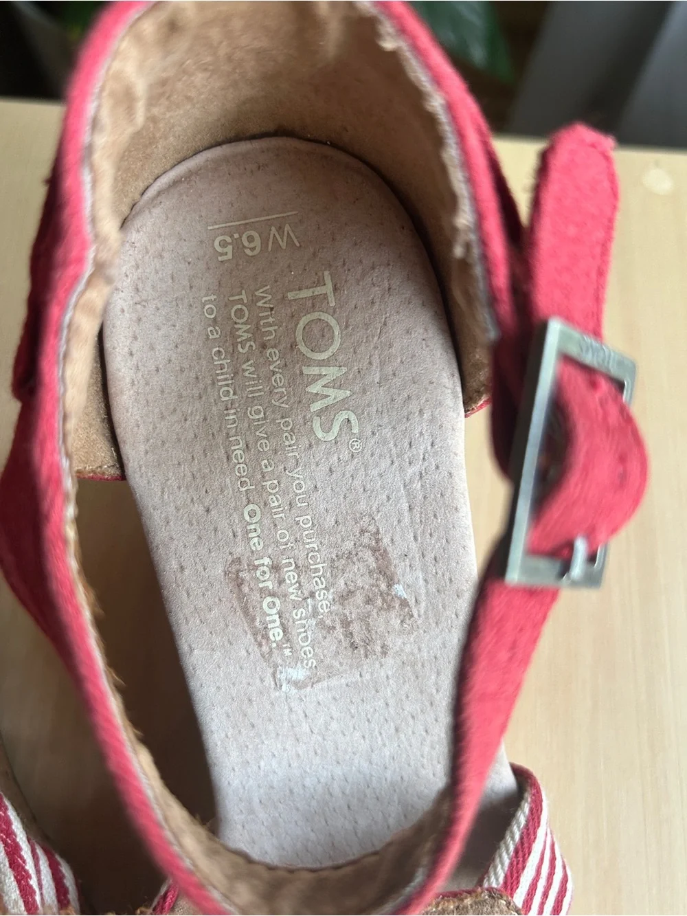 TOMS Red Striped Wedge Sandals with Ankle Strap